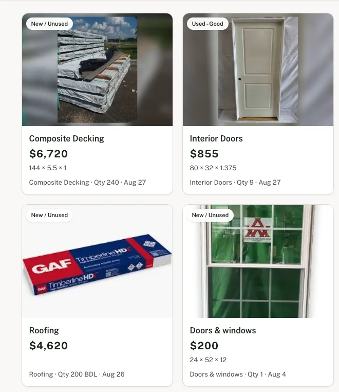 A branch storefront listing composite decking, an interior door, GAF Timberline roofing and a window, each with its price, condition and quantity on hand