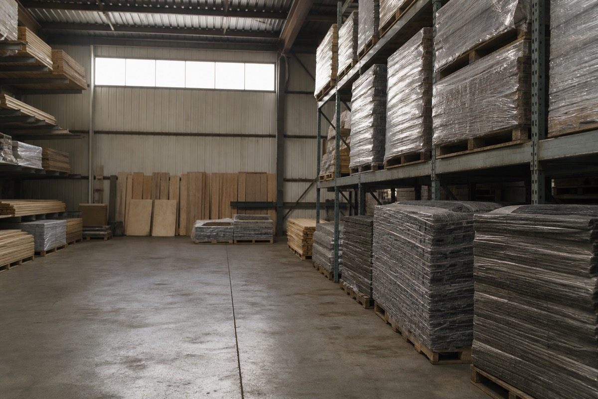 Pallets of building materials sitting unused in a warehouse rack
